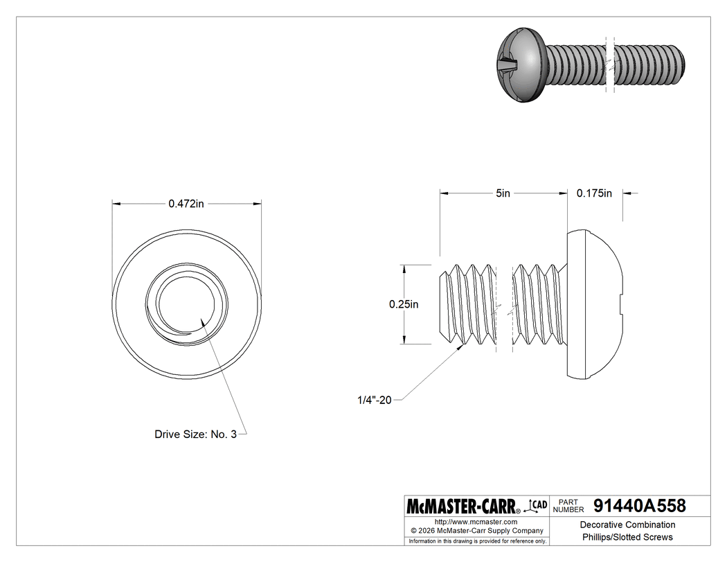 Technical Drawing of Decorative Combination Phillips/Slotted Screws, Round Head, 1/4"-20 Thread, 5" Long.